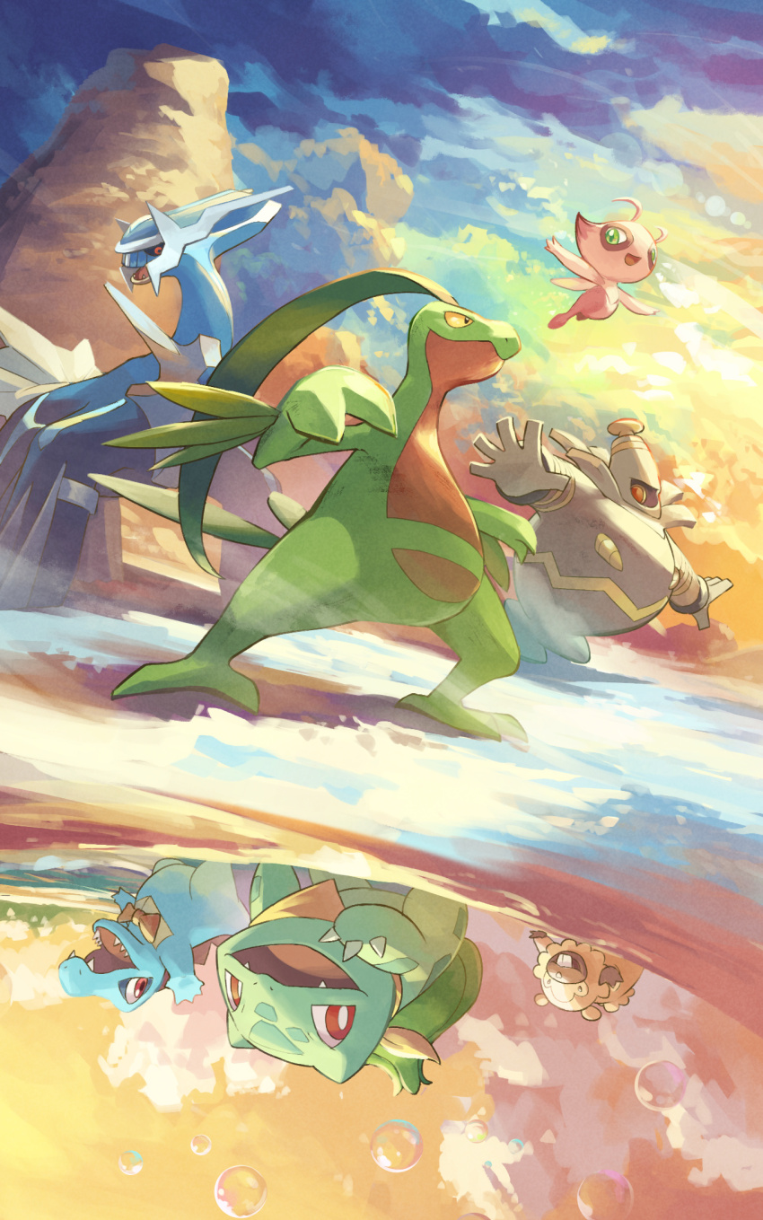:d alternate_color bidoof blue_skin bright_pupils bubble bulbasaur celebi claws colored_skin commentary_request crocodilian dialga dusknoir fangs floating gen_1_pokemon gen_2_pokemon gen_3_pokemon gen_4_pokemon green_eyes grovyle highres legendary_pokemon mythical_pokemon nintendo one-eyed open_mouth pokemon pokemon_(creature) pokemon_mystery_dungeon pokemon_mystery_dungeon:_explorers_of_time/darkness/sky primal_dialga red_eyes sharp_teeth shiny_pokemon smile standing teeth totodile white_pupils yamaori_(hakkentai_pokedan) yellow_eyes