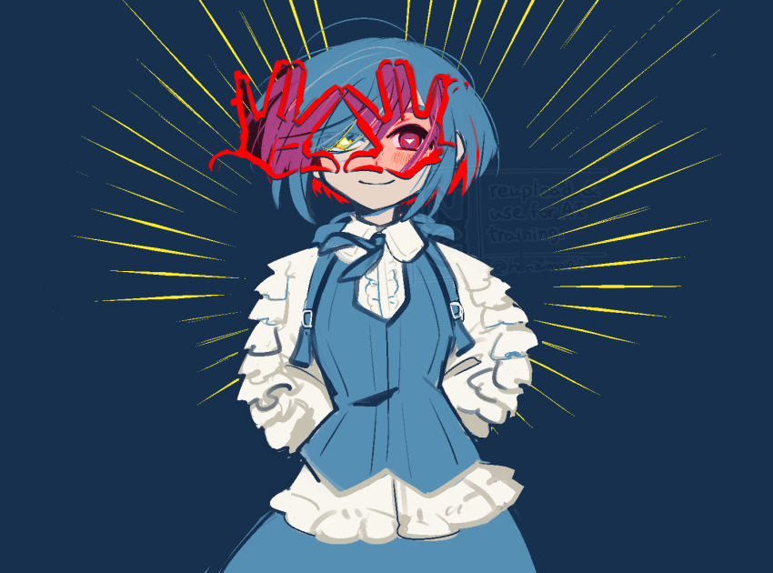 1girl arms_behind_back blue_theme collared_shirt commentary_request cowboy_shot disembodied_hand eye_of_providence facing_viewer frilled_shirt frills fukurai_azami hand_over_eye heterochromia honzumaru kisaragi_ayumi limited_palette long_sleeves looking_at_viewer puffy_long_sleeves puffy_sleeves red_eyes shirt short_hair skirt smile solo spoilers standing toshi_densetsu_kaitai_center triangle_hands yellow_eyes