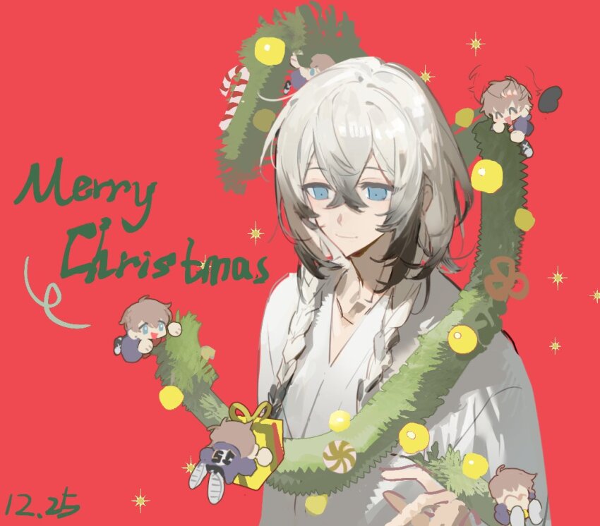 1boy blue_eyes braid chibi christmas christmas_ornaments christmas_tree closed_mouth doll english_text hospital_gown long_hair male_focus merry_christmas multicolored_hair multiple_boys original qyzhiaiyisheng red_background smile twin_braids