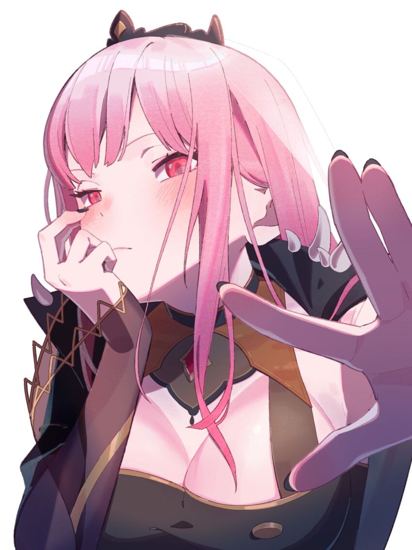 1girl black_cape black_dress black_tiara blush breasts cape cleavage detached_sleeves dress hashtag-only_commentary highres hololive hololive_english jewelry large_breasts long_hair looking_at_viewer mori_calliope mori_calliope_(1st_costume) o5i01500 pink_eyes pink_hair red_eyes shoulder_spikes single_detached_sleeve skull_choker solo spiked_cape spikes tiara upper_body veil virtual_youtuber