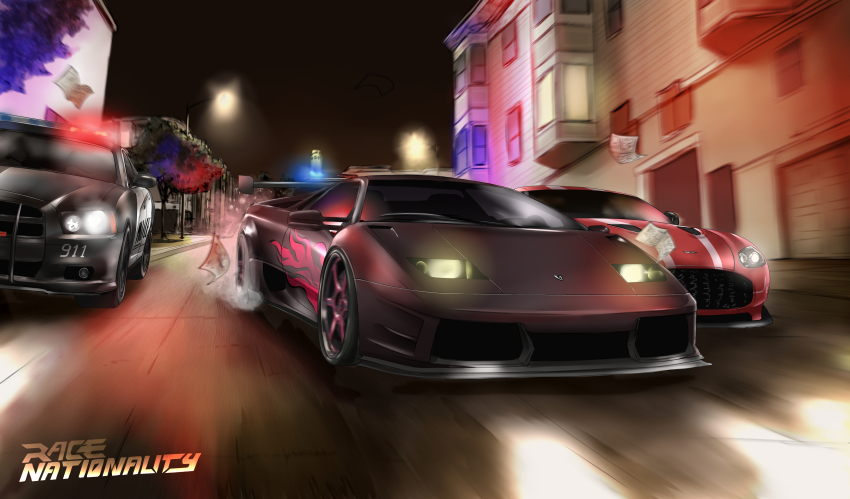 absurdres amoemo aston_martin car dodge_charger dodge_charger_(6th_generation) flame_print floating highres lamborghini_diablo motion_blur motor_vehicle no_humans original paper police police_car racing vehicle_focus