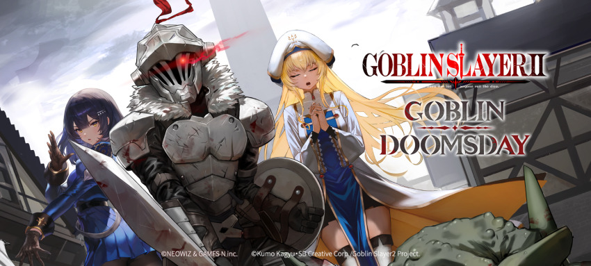 1boy 2girls armor black_hair blonde_hair blood_on_armor blue_dress breastplate brown_dust_(series) brown_dust_2 brown_eyes brown_gloves capelet closed_eyes copyright_name dress gloves glowing glowing_eyes goblin goblin_slayer goblin_slayer! hair_ornament hairclip hat helmet highres juliet_sleeves long_hair long_sleeves medium_hair multiple_girls official_art pauldrons praying priestess_(goblin_slayer!) puffy_sleeves robe scheherazade_(brown_dust) scheherazade_(the_lapis_witch)_(brown_dust) second-party_source shoulder_armor sweater thighhighs town very_long_hair white_capelet white_hat white_robe white_sweater white_thighhighs