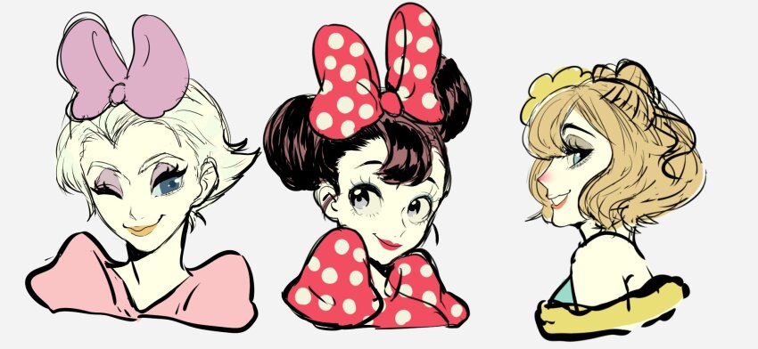 3girls animification bow brown_hair clarice_(disney) daisy_duck disney double_bun dress hair_bow hair_bun highres humanization looking_at_viewer mickey_mouse_&amp;_friends minnie_mouse multiple_girls one_eye_closed open_mouth pink_shirt polka_dot polka_dot_bow polka_dot_dress purple_bow rl10_02 shirt short_hair smile upper_body white_hair