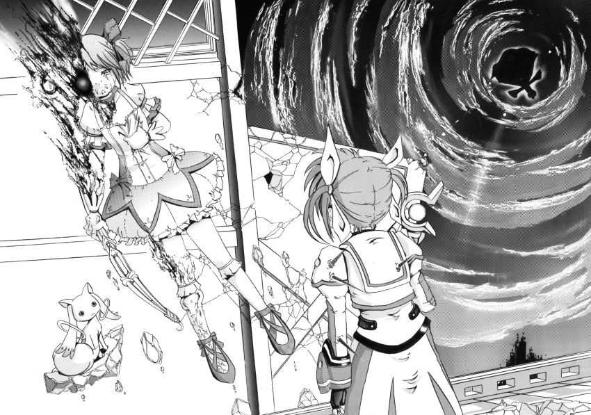 00s 10s 2girls :3 blood bow commentary_request crossover greyscale highres kaname_madoka kaname_madoka_(magical_girl) kyubey lyrical_nanoha magical_girl mahou_shoujo_lyrical_nanoha mahou_shoujo_madoka_magica mahou_shoujo_madoka_magica_(anime) monochrome multiple_girls raising_heart raising_heart_(device_mode)_(1st) rubble sib takamachi_nanoha takamachi_nanoha_(movie_1st_mode) tears twintails walpurgisnacht_(madoka_magica) weapon witch_(madoka_magica)