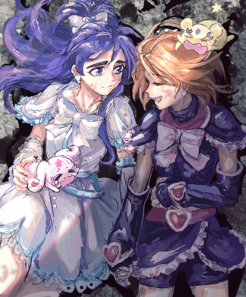 2girls bike_shorts black_eyes black_hair black_shorts bow bowtie brown_hair closed_eyes closed_mouth cure_black cure_white dress earrings futari_wa_precure hair_bow heart heart_earrings highres holding_hands jewelry koyomania light_smile long_hair looking_at_another lying magical_girl mepple mipple misumi_nagisa multiple_girls on_back open_mouth pink_bow pink_bowtie precure short_hair shorts sketch smile white_bow white_bowtie white_dress yukishiro_honoka