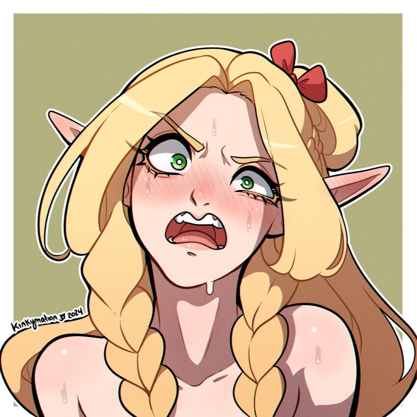 1girl angry artist_name bare_shoulders blonde_hair braid dungeon_meshi elf green_background green_eyes hair_ribbon highres kinkymation long_hair marcille_donato nude pointy_ears ribbon saliva shiny_skin teeth tongue topless_female topless_frame twin_braids upper_body upper_teeth_only