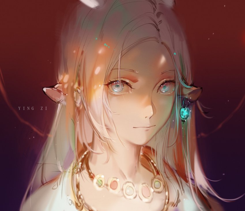 1girl a_deer_of_nine_colors animal_ears arknights artist_name blue_eyes closed_mouth earrings forehead gradient_background highres jewelry long_hair looking_at_viewer necklace nine-colored_deer portrait red_background silver_hair smile solo yingzi
