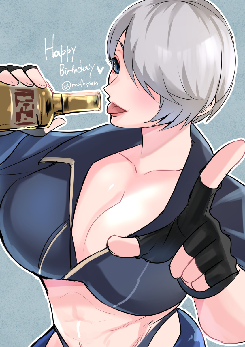 1girl absurdres angel_(kof) backless_pants blue_eyes bra breasts chaps cleavage crop_top cropped_jacket fingerless_gloves gloves hair_over_one_eye highres index_fingers_raised jacket kageru_(mofnyan) large_breasts leather leather_jacket looking_at_viewer midriff navel pants short_hair smile snk solo strapless strapless_bra the_king_of_fighters the_king_of_fighters_xiv toned toned_female underwear white_hair