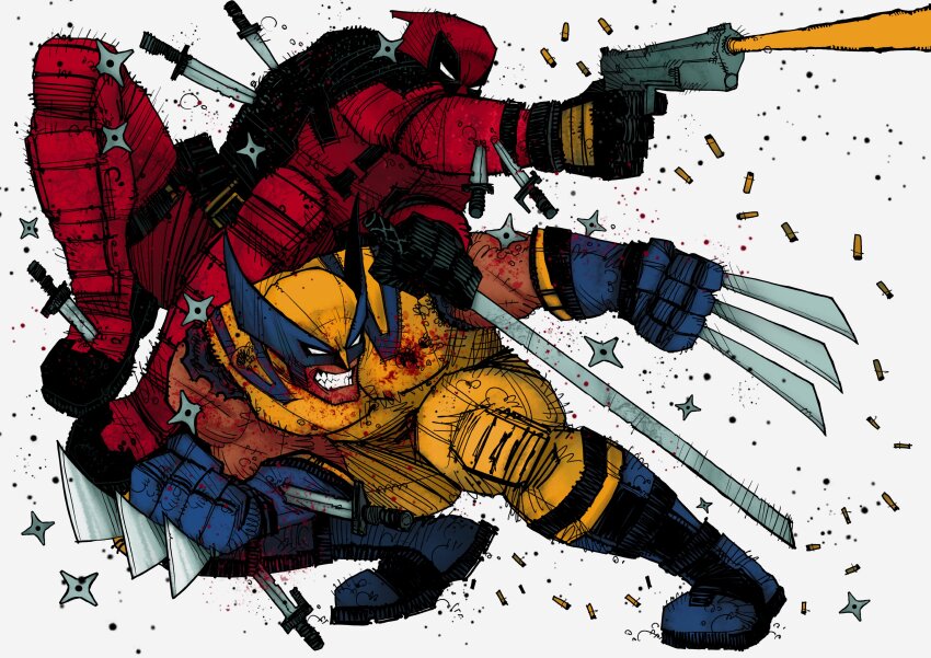 2boys absurdres arm_hair azoinab belt black_gloves bleeding blood blood_on_face bloody_weapon blue_gloves bodysuit boots bullet_hole claw_(weapon) clenched_hands clenched_teeth commentary commission deadpool deadpool_&amp;_wolverine deadpool_(series) dual_wielding english_commentary fighting_stance gloves gun highres holding holding_gun holding_sword holding_weapon katana knife male_focus marvel marvel_cinematic_universe mask multiple_boys muscular muscular_male red_bodysuit red_mask shuriken sleeveless smirk stab superhero_costume sword teeth two-tone_bodysuit utility_belt weapon wolverine_(x-men) x-men yellow_bodysuit