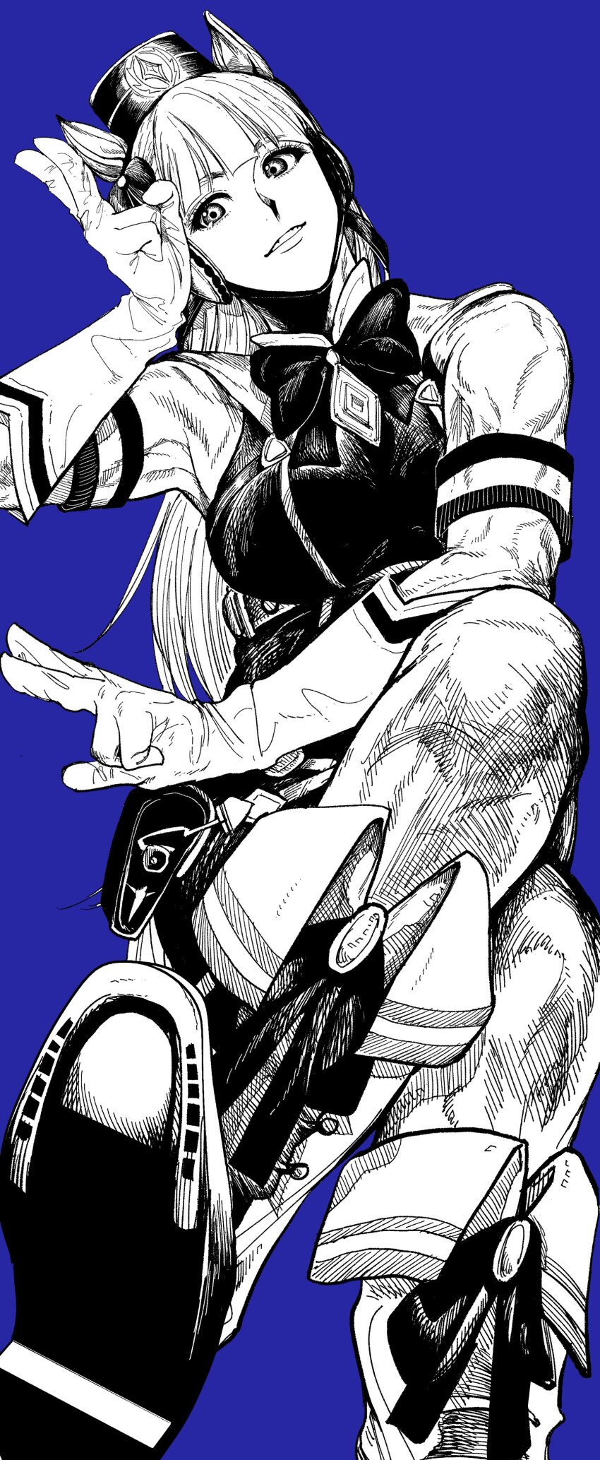 1girl absurdres animal_ears armband bare_shoulders belt_pouch blue_background blunt_bangs boots bow bowtie breasts crossed_legs dress ear_bow ear_covers from_below full_body gloves gold_ship_(umamusume) greyscale_with_colored_background grin highres horse_ears horse_girl horseshoe knee_boots long_hair medium_breasts my_nameisyoon pantyhose parted_lips pillbox_hat pouch sleeveless sleeveless_dress smile solo toned toned_female umamusume v white_gloves white_pantyhose