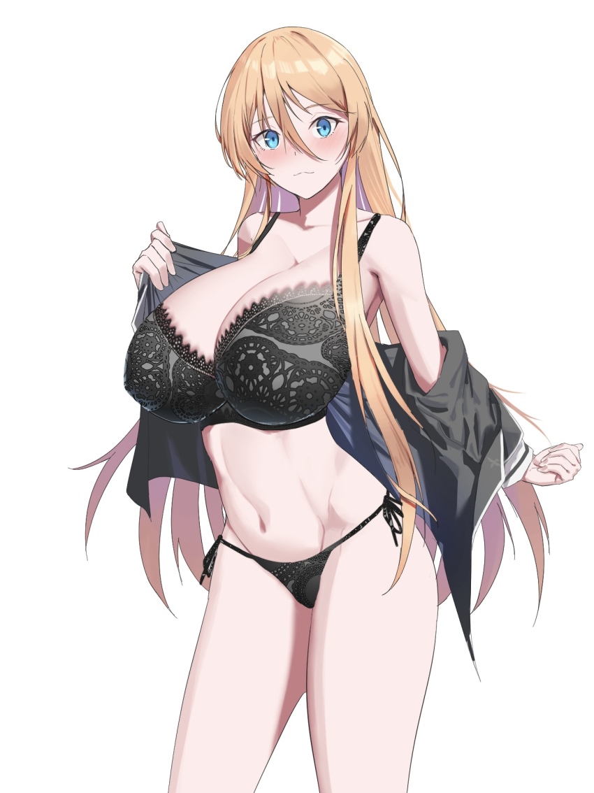 1girl azur_lane bismarck_(azur_lane) black_bra black_jacket black_panties blonde_hair blue_eyes blush bra breasts cleavage closed_mouth collarbone commentary cowboy_shot hair_between_eyes highres jacket large_breasts lingerie lom_(lom_lom_8) long_hair looking_at_viewer panties removing_jacket simple_background standing underwear white_background