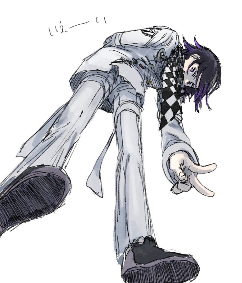 1boy absurdres arm_behind_back arm_belt belt black_hair black_scarf black_shoes buttons chain checkered_clothes checkered_scarf colored_tips commentary_request crest danganronpa_(series) danganronpa_v3:_killing_harmony double-breasted dress_pants dress_shoes fingernails from_behind full_body hair_between_eyes happy highres jacket krmtknkoo1582 leaning_forward long_sleeves looking_at_viewer male_focus multicolored_buttons multicolored_hair multicolored_shoes multiple_belts oma_kokichi open_belt open_mouth outstretched_arm pants purple_eyes purple_hair purple_shoes scarf shoes short_hair simple_background sleeve_cuffs smile solo standing teeth thigh_belt thigh_strap translation_request two-tone_hair two-tone_scarf two-tone_shoes upper_teeth_only v white_background white_belt white_jacket white_pants white_scarf wrist_belt