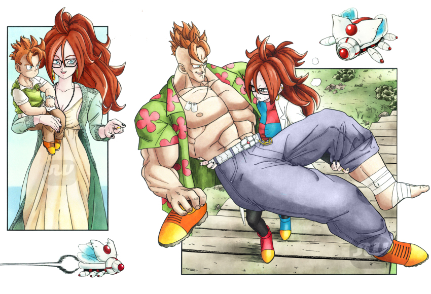 1boy 1girl android_16 android_21 bandaged_foot bandages black-framed_eyewear black_nails blue_eyes breasts carrying carrying_person cleavage commentary denim dog_tags dragon_ball dragon_ball_fighterz dragonball_z dress earrings english_commentary floral_print from_above gevo_(dragon_ball) glasses gold_earrings green_sweater_vest highres hoop_earrings injury jeans jewelry lab_coat long_hair looking_at_another messy_hair mohawk mother_and_son muscular muscular_male open_clothes open_mouth open_shirt orange_hair pants pointing ponytail red_hair robot shoes silverwoodwork single_shoe size_difference stairs sweat sweater_vest vomi_(dragon_ball)