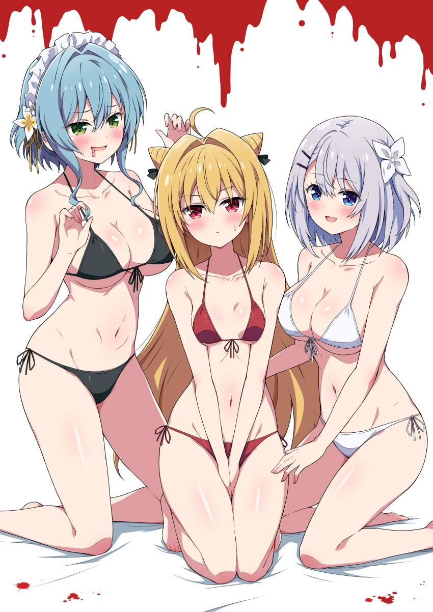 3girls absurdres bikini black_bikini blonde_hair blood blue_eyes blue_hair breasts cleavage commentary_request cone_hair_bun eggman_(ni_tamagoex) feet_out_of_frame flower front-tie_bikini_top front-tie_top green_eyes hair_between_eyes hair_bun hair_flower hair_ornament highres hikikomari_kyuuketsuki_no_monmon kneeling large_breasts long_hair maid_headdress multiple_girls purple_hair red_bikini red_eyes sakuna_memoire short_hair small_breasts swimsuit terakomari_gandezblood v_arms villhaze white_background white_bikini you_gonna_get_raped yuri