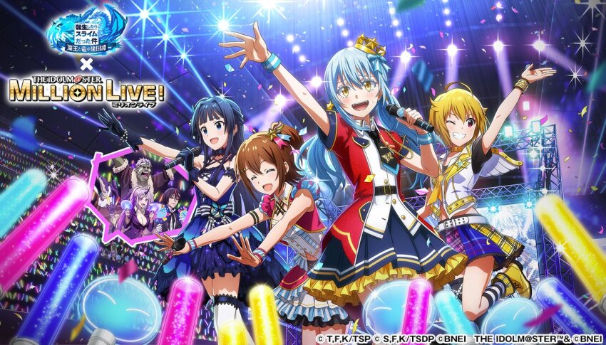 belt blue_eyes blue_hair closed_eyes crossover diablo_(tensura) dress gloves glowstick ibuki_tsubasa idol idol_clothes idolmaster idolmaster_million_live! kasuga_mirai microphone mogami_shizuka official_art one_eye_closed open_mouth pink_eyes rigurd_(tensura) rimuru_tempest shiny_trinity_(idolmaster) shion_(tensura) stage_lights teeth tensei_shitara_slime_datta_ken yellow_eyes