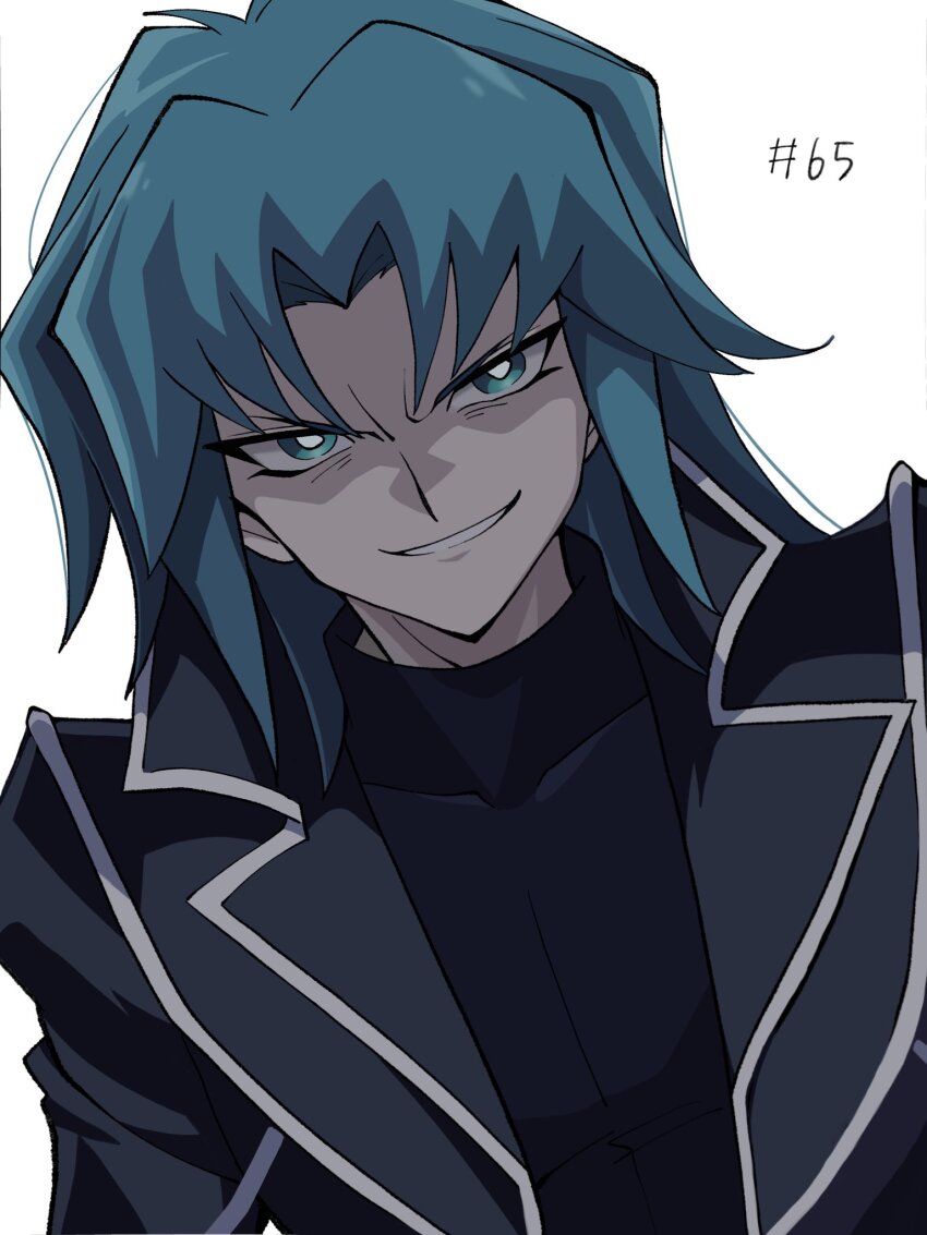1boy black_jacket black_shirt blue_eyes blue_hair evil_grin evil_smile green_eyes grin high_collar highres jacket long_hair looking_at_viewer male_focus marufuji_ryo niyane open_clothes open_jacket parted_bangs shirt simple_background smile solo turtleneck turtleneck_shirt upper_body white_background yu-gi-oh! yu-gi-oh!_gx