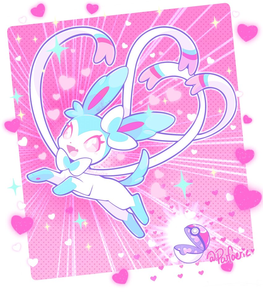 :d alternate_color artist_name blush border bright_pupils commentary emphasis_lines english_commentary eyelashes fang game_freak gen_6_pokemon heart highres looking_at_viewer love_ball nintendo no_humans open_mouth open_poke_ball outside_border parfaerie pink_background pink_eyes poke_ball pokemon pokemon_(creature) polka_dot polka_dot_background shiny_pokemon simple_background skin_fang smile solo sparkle sylveon twitter_username white_border white_pupils