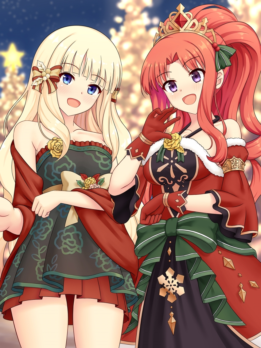 2girls akino_(christmas)_(princess_connect!) akino_(princess_connect!) bare_shoulders blonde_hair blue_eyes bow breasts dress elf flower_ornament gloves hair_bow hair_ornament highres jewelry large_breasts long_hair looking_at_viewer multiple_girls official_alternate_costume open_mouth parted_bangs pointy_ears ponytail princess_connect! purple_eyes red_gloves red_hair red_shawl saren_(christmas)_(princess_connect!) saren_(princess_connect!) shawl sidelocks smile strapless strapless_dress tamba_i tiara