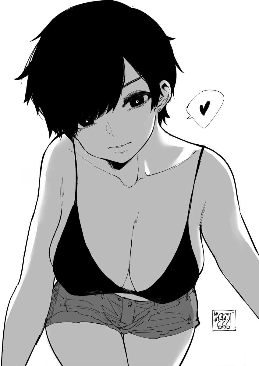 1girl absurdres bang_(gesture) breasts cleavage collarbone finger_gun greyscale heart highres large_breasts leaning_forward monochrome norman_maggot olive_laurentia original parted_bangs parted_lips pixie_cut short_hair short_shorts shorts thighs