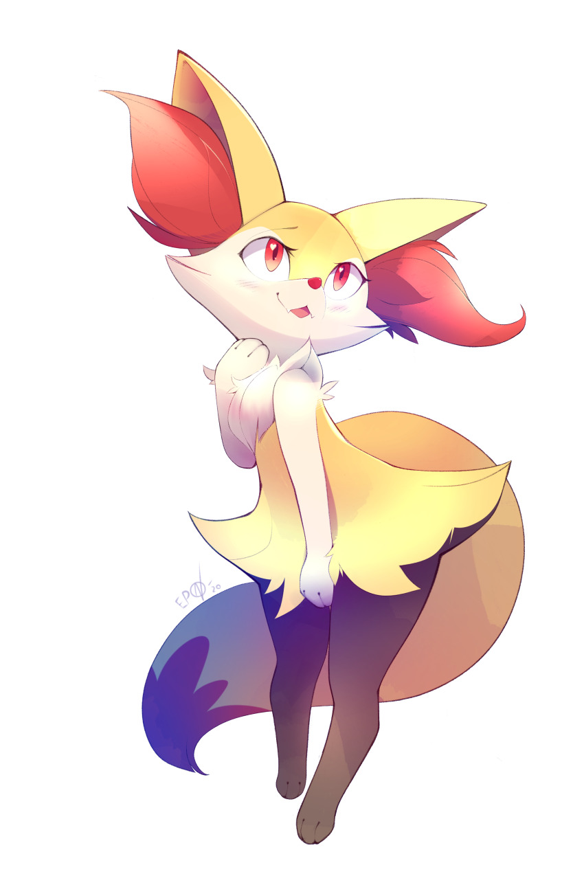 1girl absurdres animal_ear_fluff animal_ears animal_feet animal_hands animal_nose artist_name b-epon between_legs black_fur blush body_fur braixen dated fangs female_focus flat_chest fox_ears fox_girl fox_tail full_body furry furry_female gen_6_pokemon hand_between_legs hand_up happy heart heart_in_eye highres looking_up multicolored_fur neck_fur nintendo open_mouth pokemon pokemon_(creature) red_eyes signature simple_background skin_fangs smile snout solo standing symbol_in_eye tail white_background white_fur yellow_fur