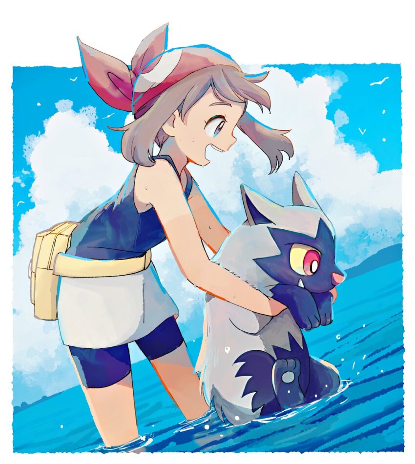 1girl :d bag bandana bike_shorts bike_shorts_under_skirt black_shirt blue_eyes brown_hair cloud cloudy_sky colored_sclera commentary_request fangs fanny_pack from_side game_freak gen_3_pokemon highres holding holding_pokemon may_(pokemon) medium_hair nintendo ocean open_mouth outdoors pokemon pokemon_(creature) pokemon_rse poochyena popcorn_91 red_bandana red_eyes shirt skirt sky sleeveless sleeveless_shirt smile wading white_skirt yellow_bag yellow_sclera