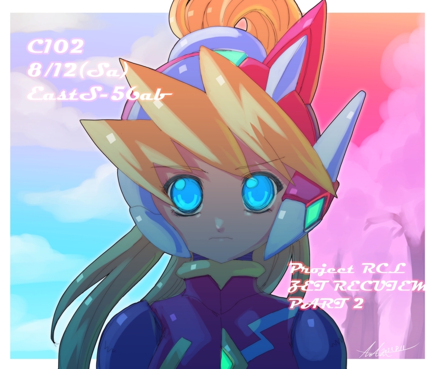 1girl blonde_hair blue_background blue_eyes border cherry_blossoms ciel_(mega_man) close-up helmet high_ponytail kamiyama_teten long_hair mega_man_(series) mega_man_zero_(series) model_z_(mega_man) pink_background ponytail red_helmet solo white_border