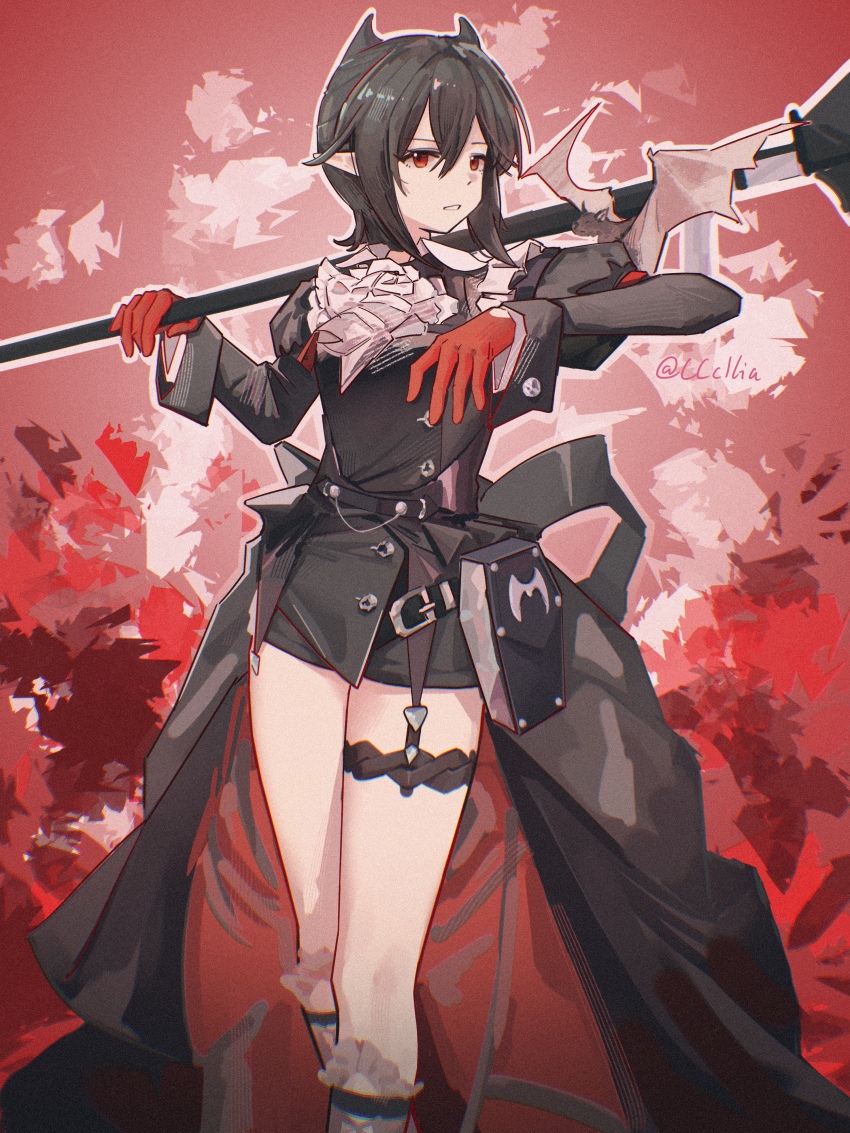 1girl absurdres animal arknights ascot bat_(animal) black_dress black_hair chinese_commentary chromatic_aberration commentary_request dress entelechia_(arknights) feet_out_of_frame gloves hair_between_eyes hair_horns hands_up highres holding holding_weapon juliet_sleeves long_sleeves looking_at_viewer over_shoulder parted_lips puffy_sleeves red_eyes red_gloves sakuratani_hane short_hair solo standing weapon weapon_over_shoulder white_ascot