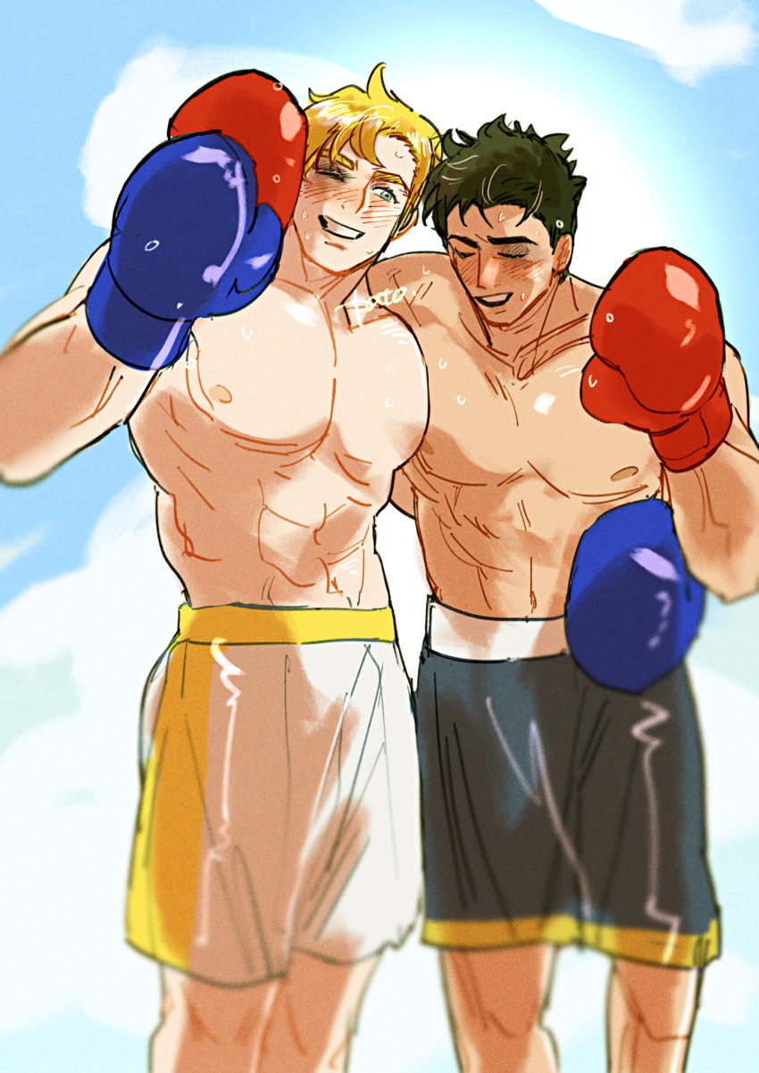 2boys abs ao_isami bara black_hair blonde_hair blush boxing_gloves bruise bruised_eye couple facial_hair feet_out_of_frame highres ice_nomu injury large_pectorals leaning_on_person lewis_smith male_focus medium_sideburns multiple_boys muscular muscular_male nipples official_alternate_costume pectorals sideburns_stubble stubble thick_eyebrows topless_male wrestling_outfit yaoi yuuki_bakuhatsu_bang_bravern