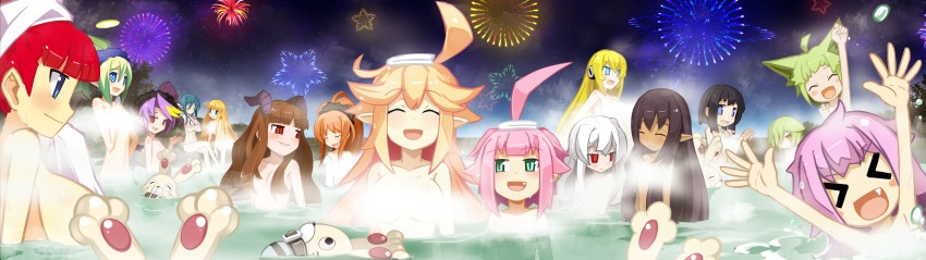 &gt;_&lt; +_+ 6+girls :d ^_^ ahoge alternate_hairstyle altis alys_levantine animal_ears arm_up attouteki_yuugi_mugen_souls attouteki_yuugi_mugen_souls_z bathing bellaria_(mugen_souls) bikini black_hair black_wings blonde_hair blue_eyes blue_hair blush blush_stickers breasts brown_hair chou_chou chou_chou_egotistical clenched_hand closed_eyes collarbone convenient_censoring crossed_arms dark_skin dark-skinned_female dees_vanguard everyone closed_eyes fang fireworks flat_chest game_cg green_eyes green_hair grin hair_censor hair_down hair_ornament hair_over_one_eye hair_scrunchie happy highres horns izayoi_tsukika large_breasts crossed_legs long_hair looking_at_another marina_cannonvale micro_bikini multicolored_hair multiple_girls nanameda_kei nao_(mugen_souls) night nude official_art onluka onsen open_mouth outdoors partially_submerged pink_hair pointy_ears ponytail profile purple_hair red_eyes red_hair reu_(mugen_souls) sandy_sunshine scrunchie shampuru sharuru_cocott shilma_(mugen_souls) short_hair_with_long_locks side_ponytail sky smile standing steam steam_censor supra swimsuit tioni towel towel_on_head two-tone_hair water welsh_cocott wet white_hair white_wings wings yellow_eyes
