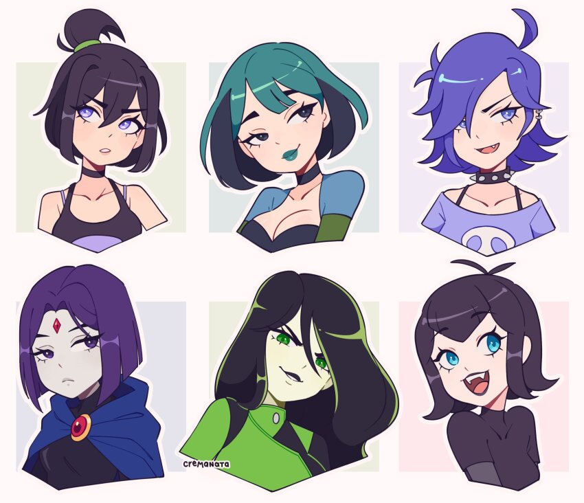 6+girls absurdres ahoge antenna_hair artist_name black_hair black_lips black_shirt blue_cape blue_eyes blue_hair blue_shirt breasts cape cleavage collar collarbone cremanata danny_phantom dc_comics earrings fang fangs female_focus forehead_jewel goth_fashion green_eyes green_hair green_jacket green_lips gwen_(total_drama) hair_tie hi_hi_puffy_amiyumi highres hotel_transylvania jacket jewelry kim_possible_(series) long_hair looking_at_viewer mavis_dracula medium_breasts medium_hair multiple_girls open_mouth portrait purple_eyes purple_hair raven_(dc) sam_manson shego shirt short_hair small_breasts smile spiked_collar spikes teen_titans teeth topknot total_drama upper_teeth_only yumi_yoshimura