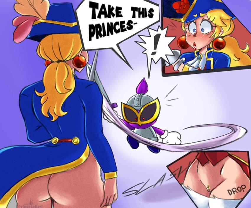 1boy 1girl artist_name ass blonde_hair blue_eyes clothes_pull embarrassed english_text hat long_hair mario_(series) nintendo pants pants_pull ponytail princess_peach princess_peach:_showtime! pussy sour_bunch swordfighter_peach text_focus theprincesskari torn_clothes translation_request uncensored wardrobe_malfunction