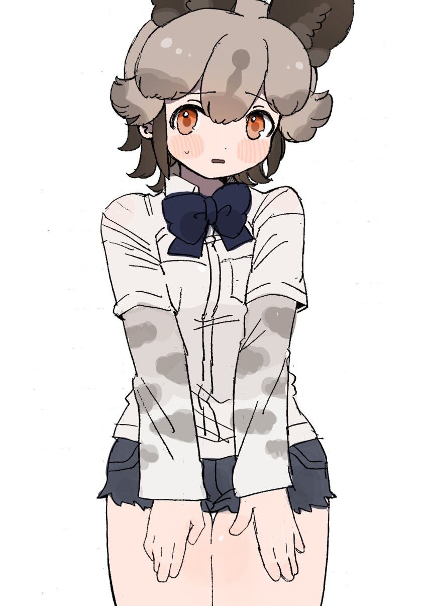 010mzam 1girl adapted_costume african_wild_dog_(kemono_friends) animal_ears animal_print blue_bow blue_bowtie blush bow bowtie brown_hair collared_shirt cowboy_shot cutoff_jeans cutoffs denim denim_shorts dog_ears dog_girl embarrassed extra_ears highres kemono_friends light_brown_hair long_sleeves multicolored_hair no_legwear orange_eyes shirt short_hair short_shorts short_sleeves shorts solo sweatdrop t-shirt white_shirt