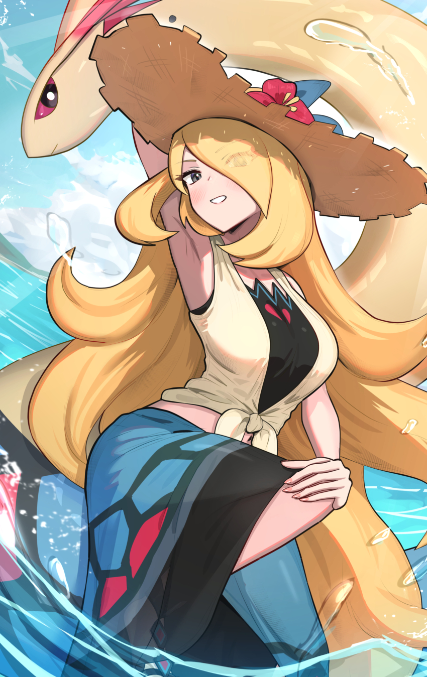1girl absurdres arm_up armpits bikini bikini_under_clothes blonde_hair blue_sarong breasts brown_hat covered_navel crop_top cynthia_(pokemon) cynthia_(summer_2025)_(pokemon) flower flower_hat gen_3_pokemon gonzarez grey_eyes hair_over_one_eye hat hat_flower highres large_breasts long_hair milotic navel nintendo official_alternate_costume outdoors pokemon pokemon_(creature) pokemon_masters_ex sarong shirt sky smile solo straw_hat sun_hat swimsuit tied_shirt very_long_hair water