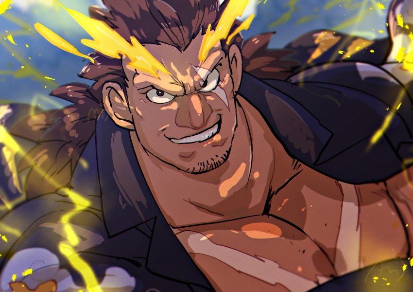 1boy amu_(omoro3bot) bara black_eyes black_jacket blurry blurry_background commentary_request dark-skinned_male dark_skin highres jacket lightning low_ponytail male_focus muscular muscular_male ponytail scar scar_across_eye scar_on_chest scar_on_face smile solo taishakuten_(housamo) tokyo_houkago_summoners upper_body
