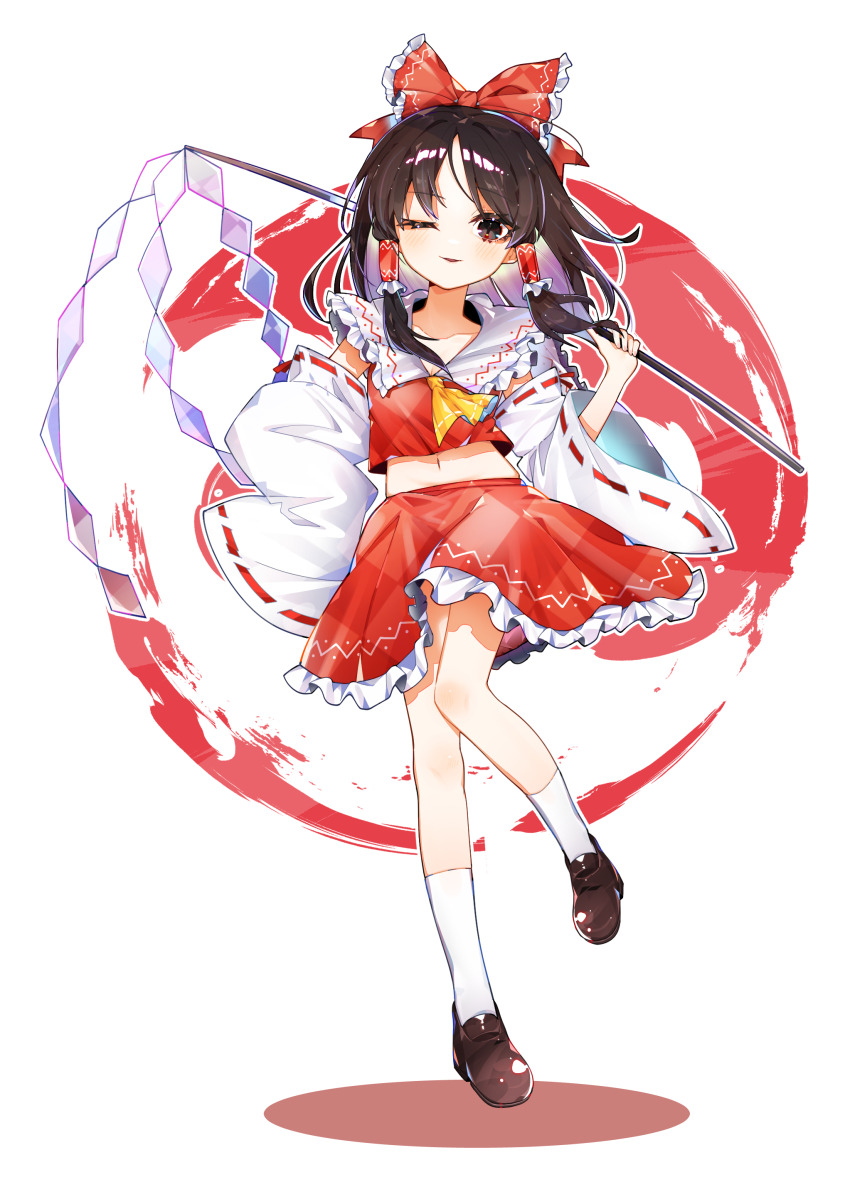 1girl absurdres ascot bow brown_eyes brown_hair brown_shoes chinese_commentary collarbone colored_inner_hair commentary_request cropped_shirt detached_sleeves floating_clothes floating_hair frilled_bow frilled_hair_tubes frilled_shirt_collar frilled_skirt frills full_body gohei hair_bow hair_tubes hakurei_reimu head_tilt highres holding holding_gohei kneehighs lace-trimmed_sleeves lace_trim light_blush long_hair midriff multicolored_hair navel no_nose nontraditional_miko one_eye_closed open_mouth parted_bangs purple_hair red_bow red_shirt red_skirt shadow shirt shoes sia_6767 sidelocks simple_background skirt sleeveless sleeveless_shirt slit_pupils smile socks solo standing standing_on_one_leg touhou two-tone_hair white_background white_socks wide_sleeves yellow_ascot yin_yang