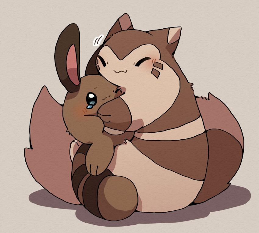 blush brown_fur closed_eyes furret gen_2_pokemon grey_background highres hug kemosuk nintendo no_humans pokemon pokemon_(creature) sentret simple_background two-tone_fur