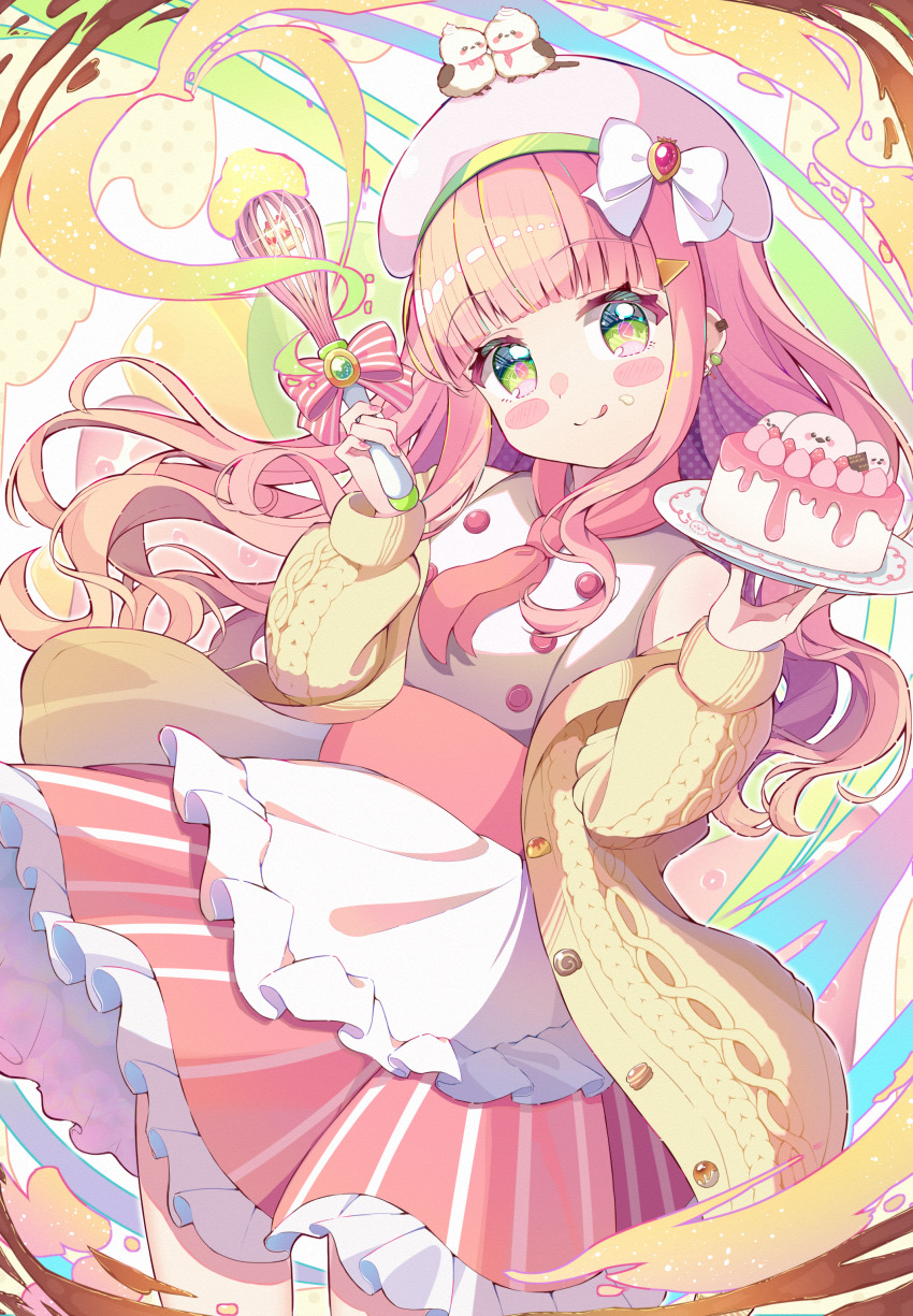1girl absurdres animal animal_on_head apron beret bird bird_on_head blush_stickers bow cake cardigan colorful commentary_request dress food green_eyes hat heart highres holding holding_cake holding_food holding_whisk lolita_fashion long_hair looking_at_viewer magical_girl on_head original pastel_colors patissier pink_dress pink_hair rappi smile sweet_lolita sweets whisk white_apron white_bow white_hat yellow_cardigan