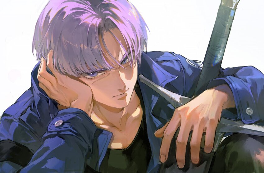 1boy black_pants black_shirt blue_jacket closed_mouth dragon_ball dragonball_z hair_between_eyes head_rest holding holding_sword holding_weapon jacket looking_at_viewer male_focus open_clothes pants purple_hair sawamaharu shirt simple_background solo sword trunks_(dragon_ball) trunks_(future)_(dragon_ball) upper_body weapon white_background