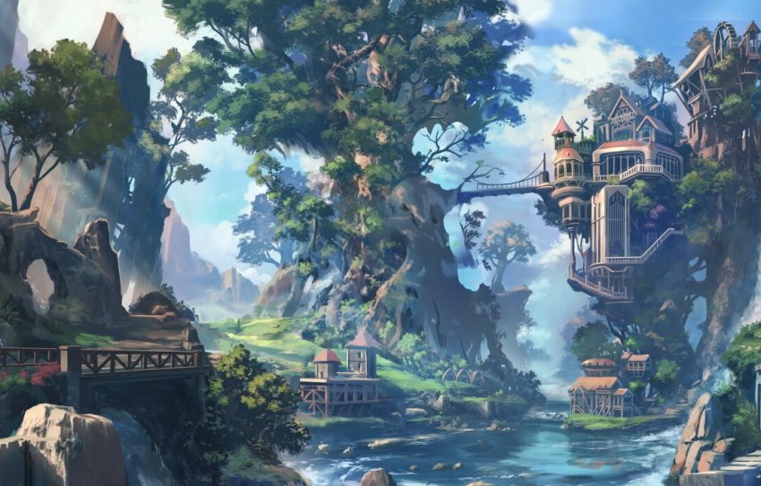 absurdly_detailed_composition bridge building cloud complex_exterior day fantasy gable_roof gazebo gears light_rays original outdoors river rock scenery soraizumi sunlight tree treehouse unfinished water waterfall