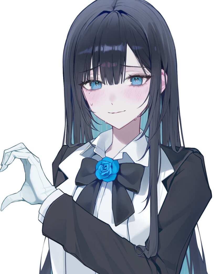 1girl ado_(utaite) black_bow black_bowtie black_coat black_hair blue_eyes blue_flower blue_hair blue_rose bow bowtie brooch chando_(ado) closed_mouth coat collared_shirt colored_inner_hair commentary dress_shirt flower flower_brooch gloves half-heart_hands heart heart-shaped_pupils highres long_hair long_sleeves looking_at_viewer mole mole_under_eye multicolored_hair myao_(myaodayone) open_clothes open_coat rose shirt sidelocks simple_background solo sweat symbol-only_commentary symbol-shaped_pupils upper_body utaite white_background white_gloves white_shirt
