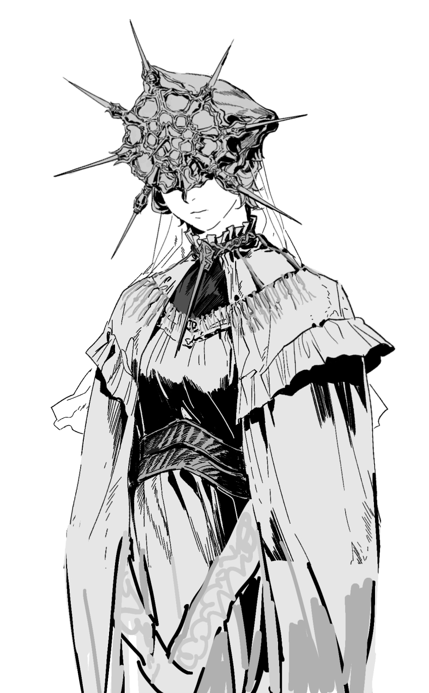 192_saioma 1boy closed_mouth commentary cowboy_shot dark_souls_(series) dark_souls_i dark_sun_gwyndolin expressionless greyscale highres looking_at_viewer male_focus mask masked monochrome own_hands_together robe rope simple_background solo trap