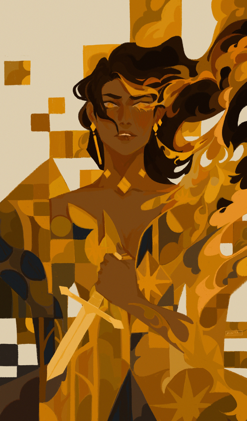 1girl abstract_background artist_name blonde_hair breasts brown_hair cleavage colored_smoke commentary dark-skinned_female dark_skin dress earrings english_commentary eyeshadow floating_hair glowing gold gold_earrings highres holding holding_sword holding_weapon jewelry long_hair long_sleeves looking_at_viewer makeup monochrome multicolored_hair off-shoulder_dress off_shoulder original parted_lips smoke smoke_from_head solo spearmintaii sword upper_body weapon white_background yellow_background yellow_dress yellow_eyes yellow_theme