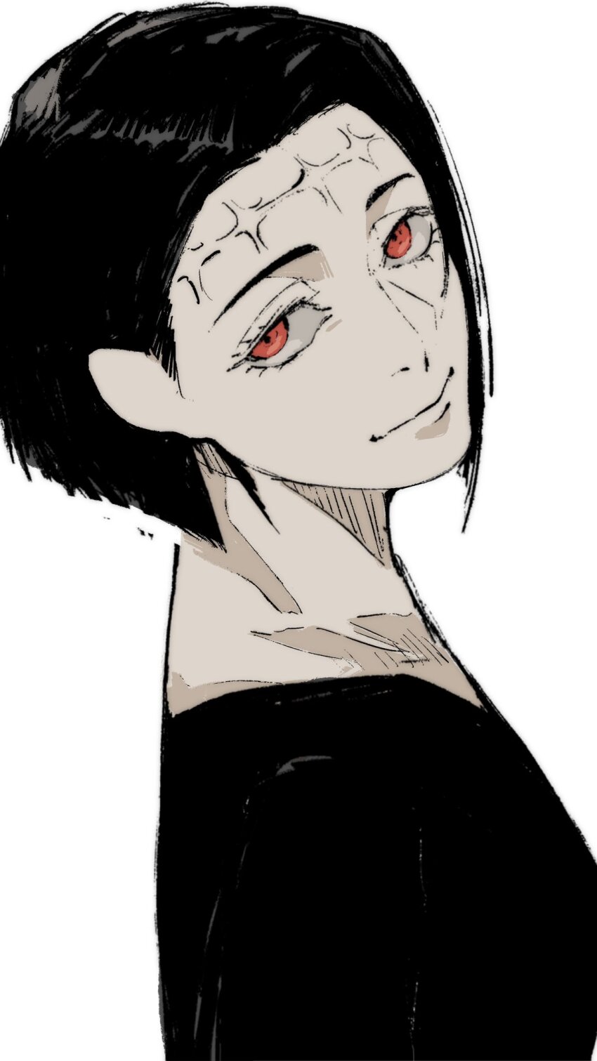 1girl black_hair highres itadori_kaori jujutsu_kaisen kenjaku looking_at_viewer mature_female scar scar_on_face scar_on_forehead short_hair