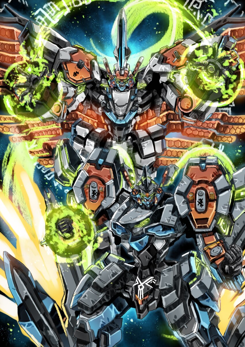 absurdres clenched_hand demonbane demonbane_(mecha) garimpeiro glowing glowing_eyes green_eyes highres mecha mecha_focus mecha_request no_humans open_hand robot science_fiction space super_robot