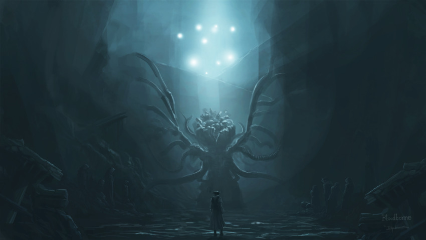 1other alien ambiguous_gender artist_name bloodborne blue_theme boots brown_gloves cave coat commentary copyright_name ebrietas_daughter_of_the_cosmos eldritch_abomination extra_arms facing_away fog from_behind gloves hat highres hunter_(bloodborne) light light_rays looking_up monster pillar ruins scenery skeletal_wings slug standing tentacles tricorne tripdancer wings