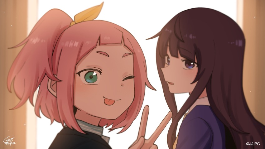 2girls black_sweater commentary_request green_eyes guest_art hair_ribbon highres jacket long_hair multiple_girls one_eye_closed one_side_up open_mouth pink_hair purple_eyes purple_hair purple_jacket ribbon second-party_source shiromanta shirt short_hair sidelocks signature sweater takanashi_kim_anouk_mei tongue tongue_out upper_body very_long_hair watase_kiui white_shirt yellow_ribbon yoru_no_kurage_wa_oyogenai