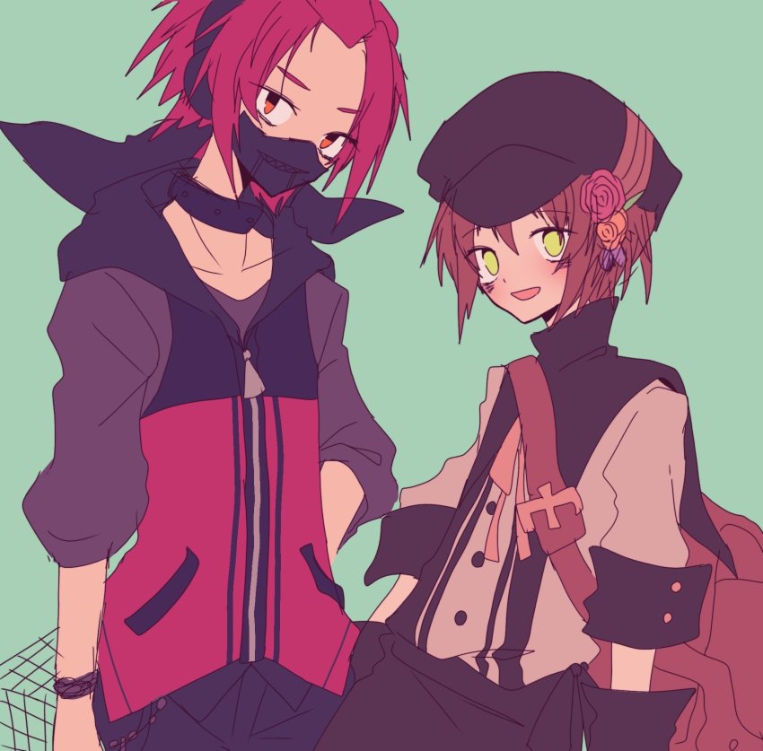 1bitheart 2boys brown_hair gloves green_background green_eyes hat headphones highres kujoh_akitaka looking_at_viewer male_focus mask mouth_mask multiple_boys nasuki_haruya ohamihaeru red_hair red_ribbon ribbon short_hair sketch