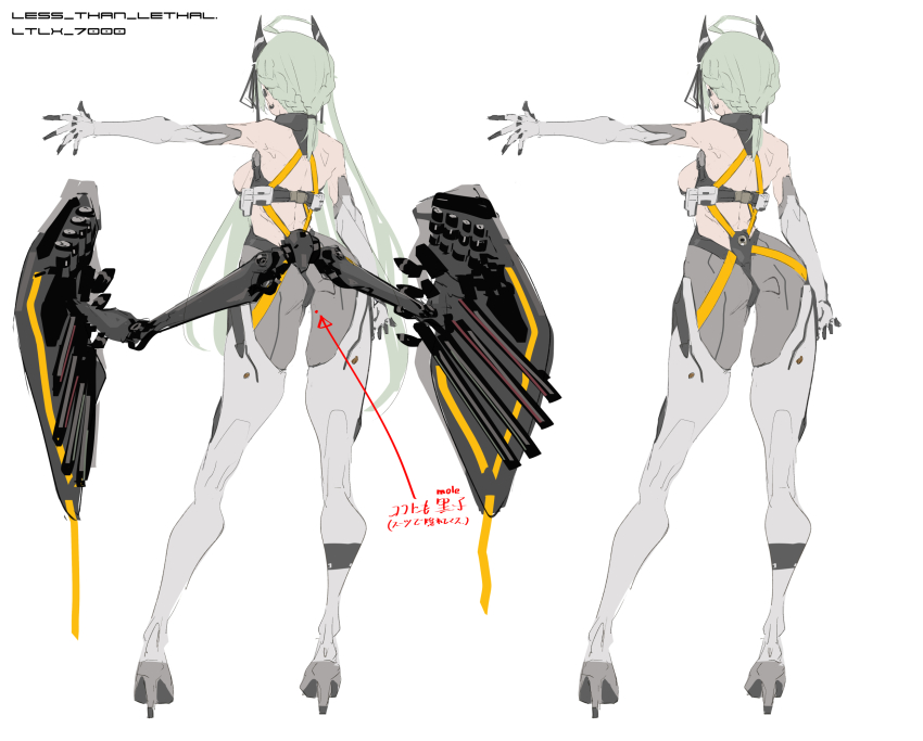 1girl afukuro ahoge aqua_hair arrow_(symbol) ass bare_shoulders breasts character_name commentary_request earrings elbow_gloves from_behind full_body girls&#039;_frontline glass_footwear gloves grey_pantyhose hair_ribbon headgear high_heels highres jewelry large_breasts long_hair ltlx_7000_(girls&#039;_frontline) multiple_views outstretched_arm pantyhose ribbon shield_module sideboob simple_background standing strap thighhighs thighhighs_over_pantyhose translation_request very_long_hair white_background white_thighhighs