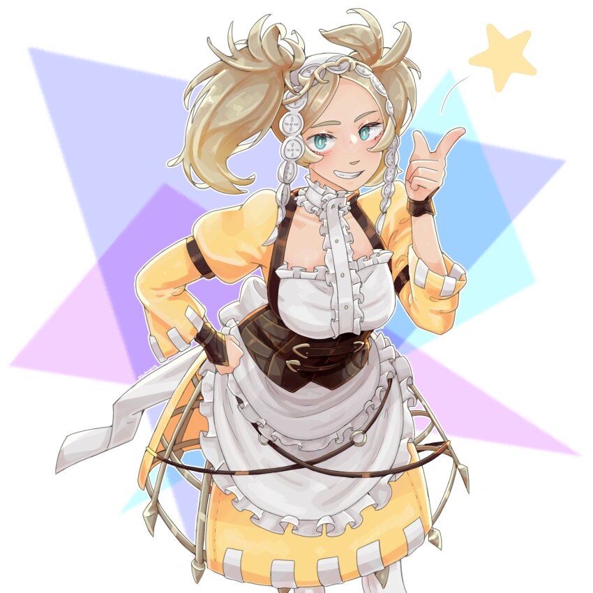 1girl blonde_hair blue_eyes blush breasts corset dress fire_emblem fire_emblem_awakening grin headdress highres lissa_(fire_emblem) long_hair long_sleeves looking_at_viewer medium_breasts medium_hair nintendo occultoctoling open_mouth pantyhose short_twintails smile solo star_(symbol) teeth twintails white_headdress white_pantyhose yellow_dress