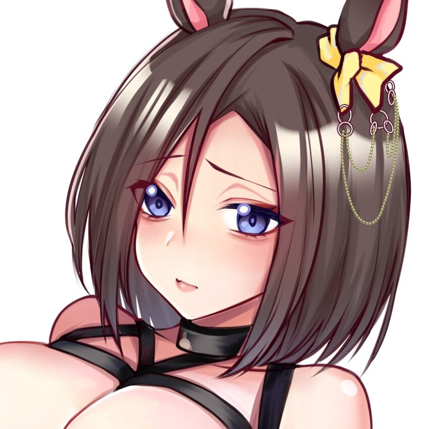 1girl aegyo_sal air_groove_(umamusume) animal_ears blue_eyes blush bow breasts brown_hair closed_mouth ear_bow ear_chain highres horse_ears horse_girl jiang_ethan large_breasts looking_at_viewer short_hair simple_background solo umamusume upper_body white_background yellow_bow